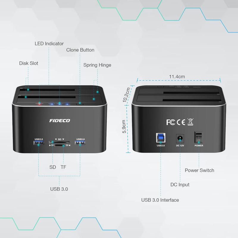 FIDECO Hard Drive Docking Station, USB 3.0 SATA to HDD Docking Station for 2.5 & 3.5 inch SATA HDD/SSD, Dual Bay, Support Offline Clone (Aluminum and ABS) Aluminum+ABS