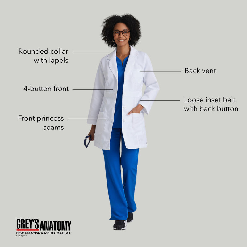 BARCO Grey's Anatomy Scrubs Lily Professional Full-Length 3-Button Long Sleeve 34" Medical Lab Coat for Women Medium White