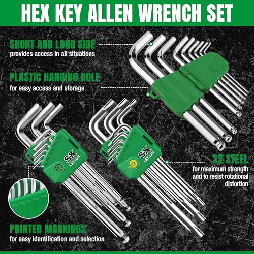 SK 27-Piece Allen Wrenches Sets, Metric/SAE/Star Hex Key Set, S2 Steel SAE/Metric/Star