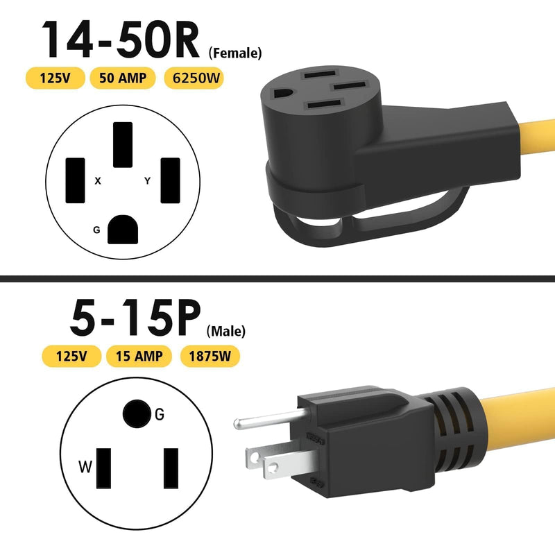 50 Amp to 15 Amp 110 RV Adapter Cord, NEMA 5-15P Male to 14-50R Female Electrical Power Dogbone Plug, Heavy Duty STW 10 Gauge for RV Trailer Camper 15M/50F