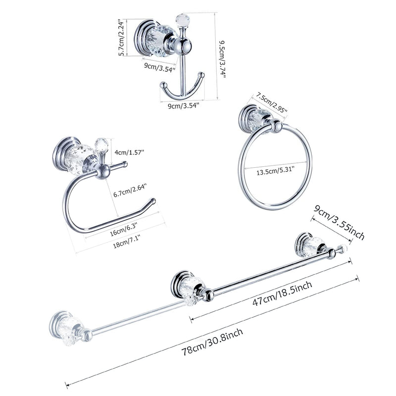 WOLIBEER Crystal Bathroom Accessories, Chrome 24 Inch Towel Bar Set Polished Brass Toilet Paper Holder Towel Ring Coat Hooks Bathroom Hardware 4 Pieces Wall Mounted Silver