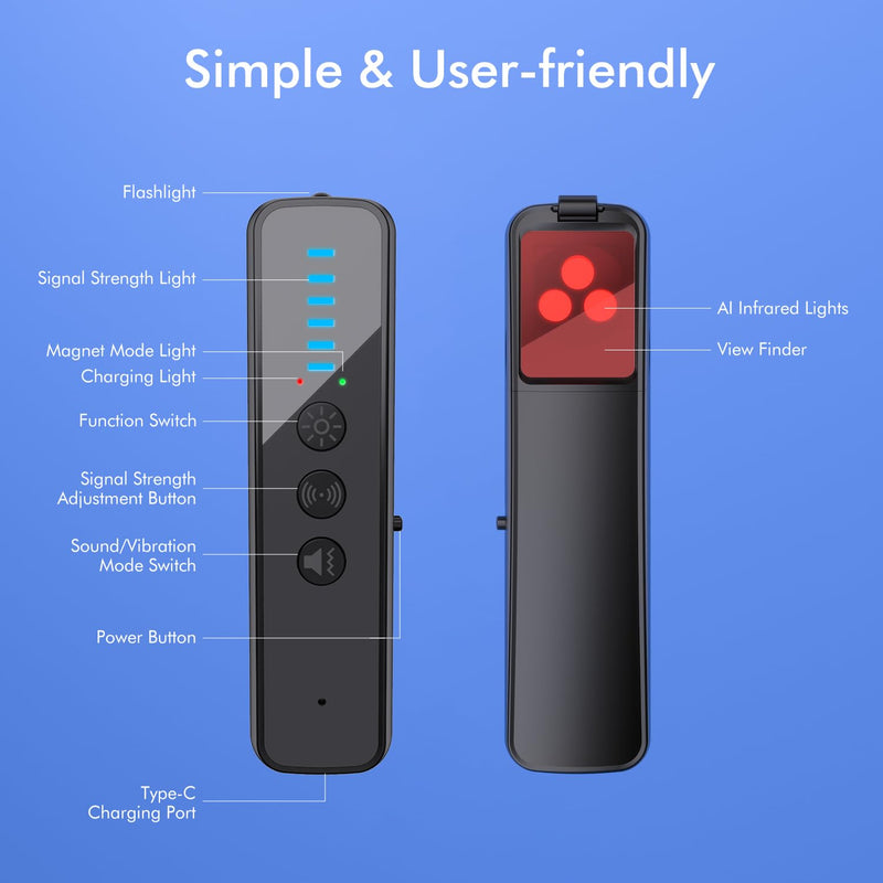 Upgraded Hidden Camera Detector - AI-Powered Anti-Spy Device, GPS Tracker & Bug Detector, Portable RF Signal Scanner for Hotels, Travel, Home & Office (Black)