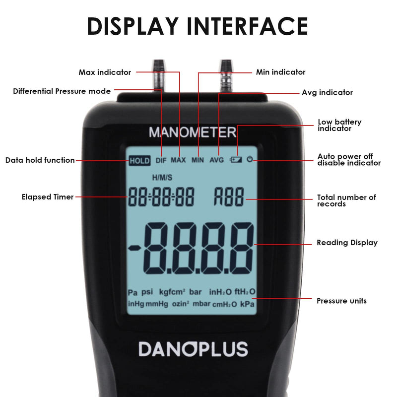 Manometer Digital Gas Pressure Tester Differential Pressure Gauge HVAC Air Pressure Meter with Backlight Data Record Function