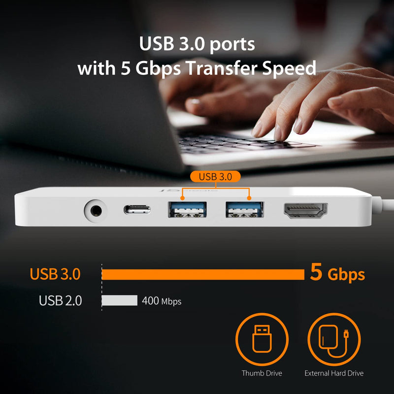j5create USB-C Mini Hub - 4K HDMI, 2 x USB 3.1 5Gbps, microSD & SD Card Reader, 3.5mm Audio Jack, 60W PD Pass-Through Charging (JCD373)