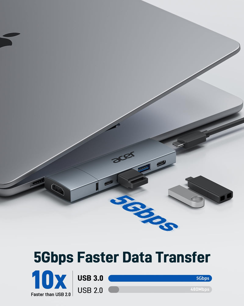 Acer USB C Hub for MacBook Pro/Air M1 M2 M3, 6 in 2 Detachable 4K@60Hz USB C to HDMI Adapter with 2 USBA & 2 USBC 3.0 Data Ports, 100W PD Charging, USBC to USB Dongle Adapter Grey