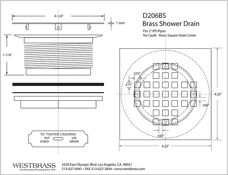 Westbrass D206BS-62 4-1/4" Square Grate Shower Drain Cover with 2" Brass Drain Pipe, Matte Black