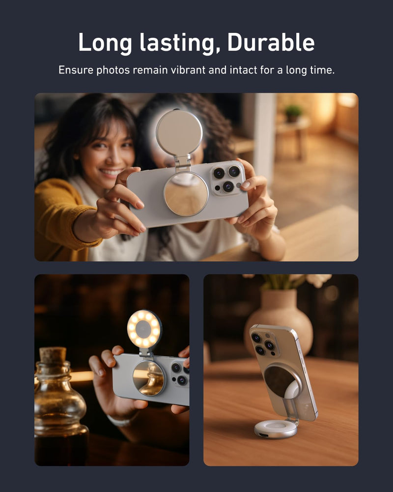 TELESIN C03 Magnetic Selfie Light, Phone Light Compatible with iPhone Magsafe, CRI97 360° LED Selfie Ring Fill Light with Mirror for Selfies/Photography/TikTok/Zoom Calls/Video Conference Silver