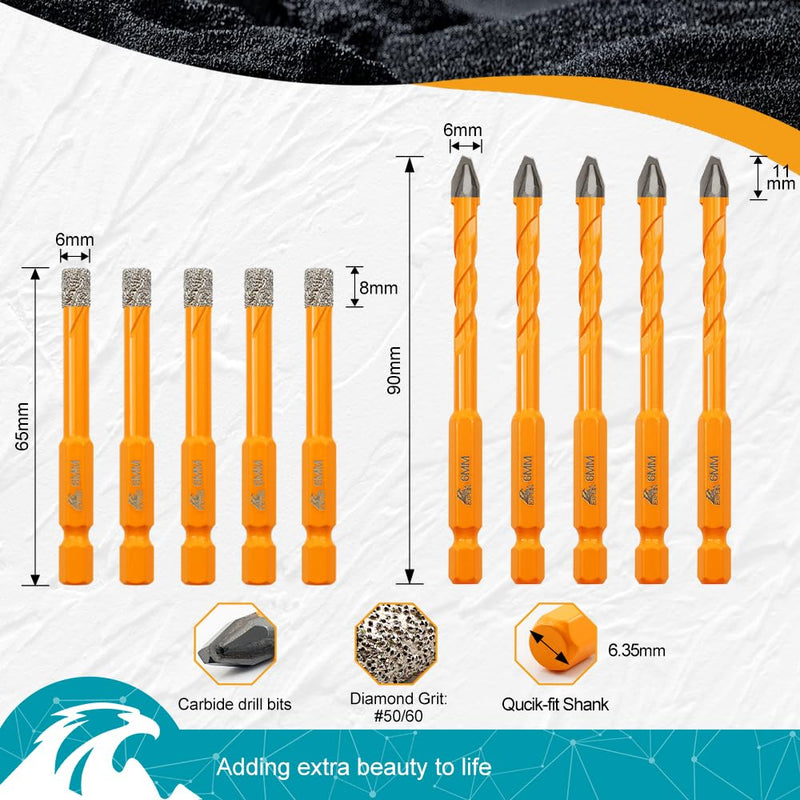 Tile Drill Bits Kit 6mm 5pcs Quick-fit Shank& 6mm 5pcs Carbide Drill Bits for Drilling Ceramic Porcelain Tile Marble Granite Masonry set 3--6mmx5+6mmx5