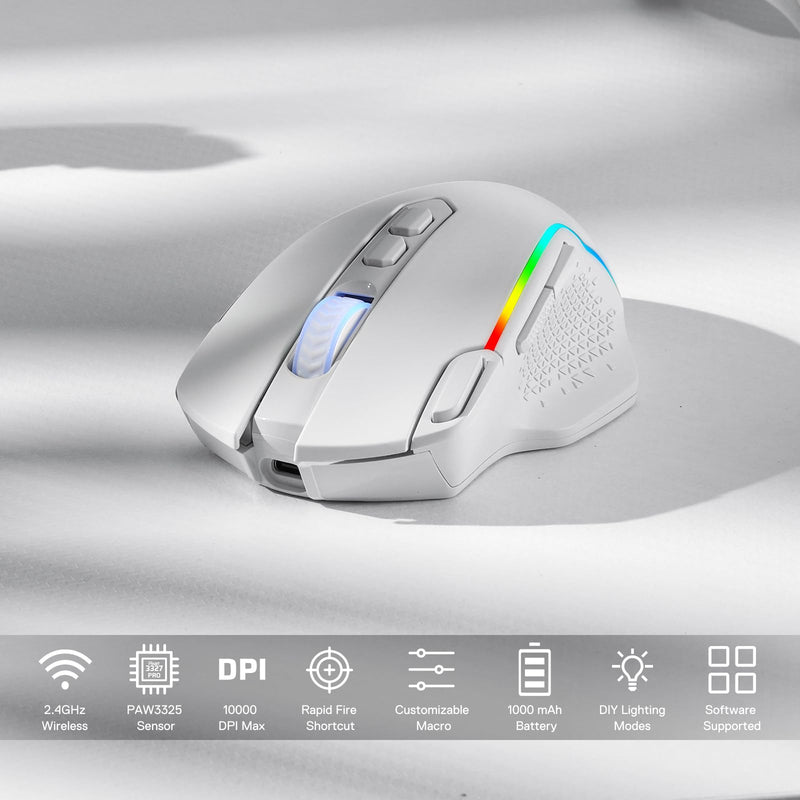 Redragon M810 Pro Wireless Gaming Mouse, 10000 DPI Wired/Wireless Mouse w/Rapid Fire Key, 8 Macro Buttons, 45-Hour Power Capacity and RGB Backlit for PC/Mac/Laptop White