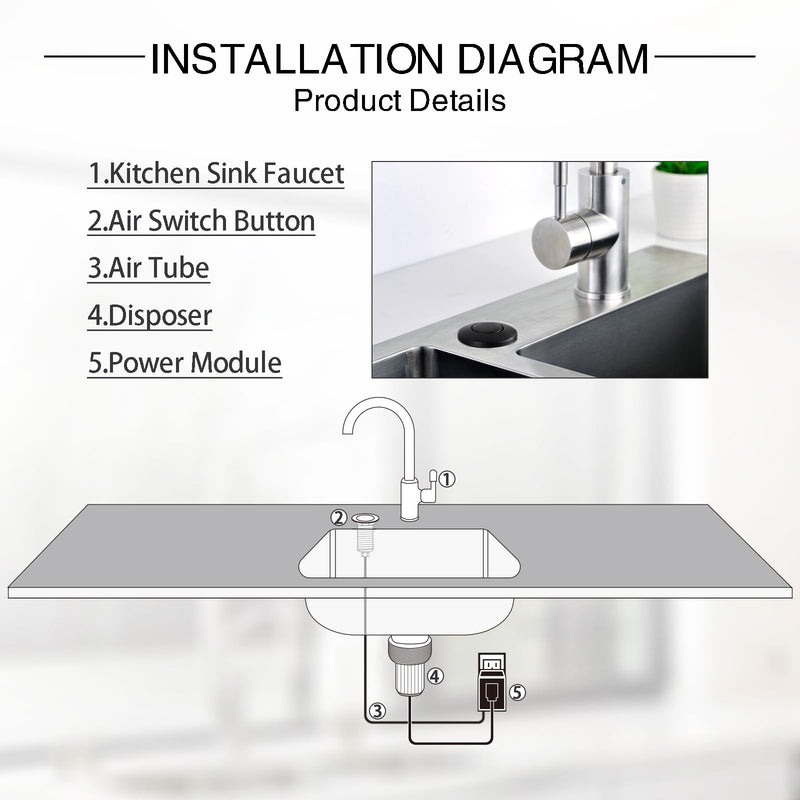 Garbage Disposal Air Switch Kit with Long Button, Matte Black (Brass Cover) Metal