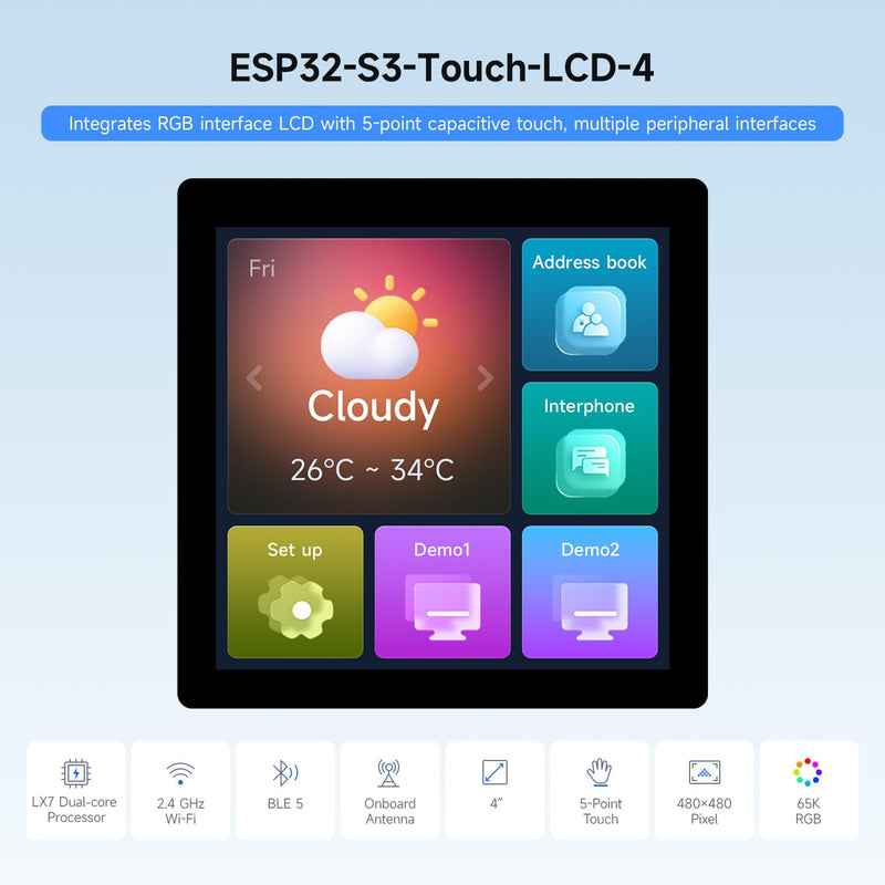 Waveshare ESP32-S3 4inchCapacitive Touch Display, V2 Update Version, 480x480, 5-Point Touch, 32-Bit LX7 Dual-Core, 240MHz, WiFi & Bluetooth, Onboard Antenna