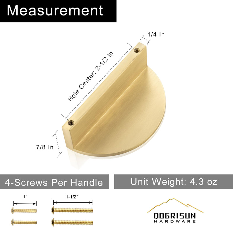 QOGRISUN 5-Pack Solid Brass Cabinet Pulls, Gold Half Moon Drawer Dresser Handles, 2-1/2-Inch Hole Center, Kitchen Cupboard Hardware, Brushed Brass Finish 2.5 Inch Hole Centers