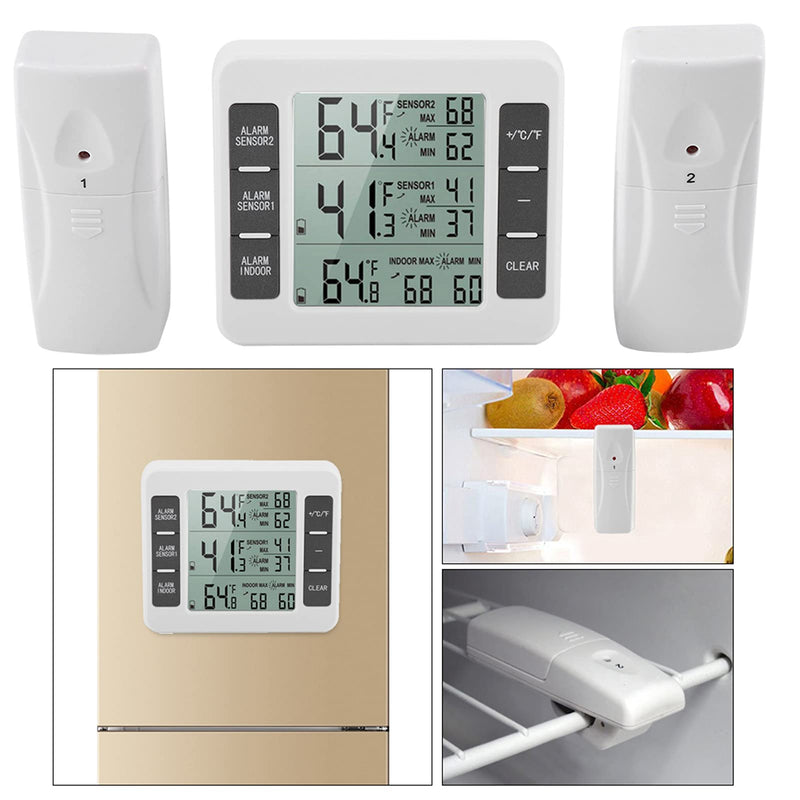Fridge Thermometer, Digital Freezer Thermometer, with 2 sensors and Acoustic Alarm, Refrigerator Freezer Inside Outside Thermometers, for Kitchen Home Motorhome