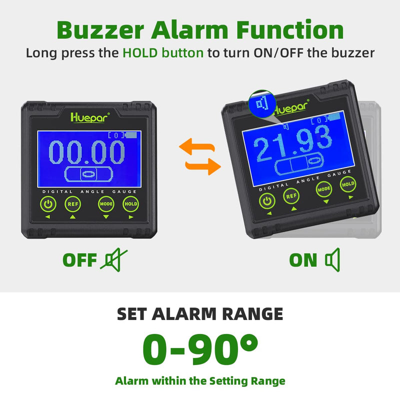 Huepar Digital Protractor, Electric Level Dual Axis Meter 0.01° Resolution V-Groove Magnetic Base & LCD Inclinometer with Acoustic Alarm 0~360°AG03