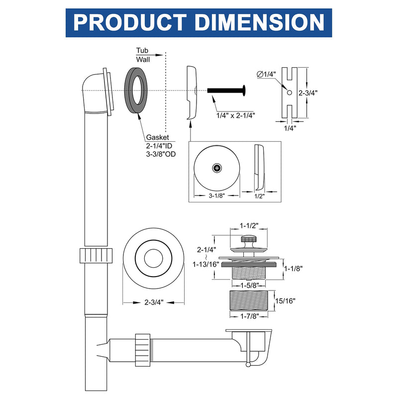 Brass Bathtub Drain Kit, Lift and Turn Tub Drain Kit with Overflow Faceplate, Oil Rubbed Bronze 1-hole