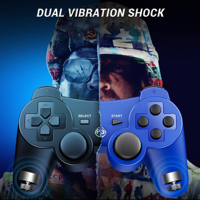 OKHAHA Controller 2 Pack for PS3 Wireless Controller for Sony Playstation 3, Double Shock 3, Bluetooth, Rechargeable, Motion Sensor, Remote for PS3 (No Stripes(Black + Blue)) No Stripes(Black + Blue)