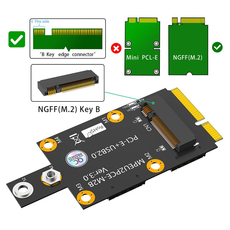 M.2 Key B to Mini PCI-E Adapter with Dual Nano SIM Card Slot for 3G/4G/5G Module Black