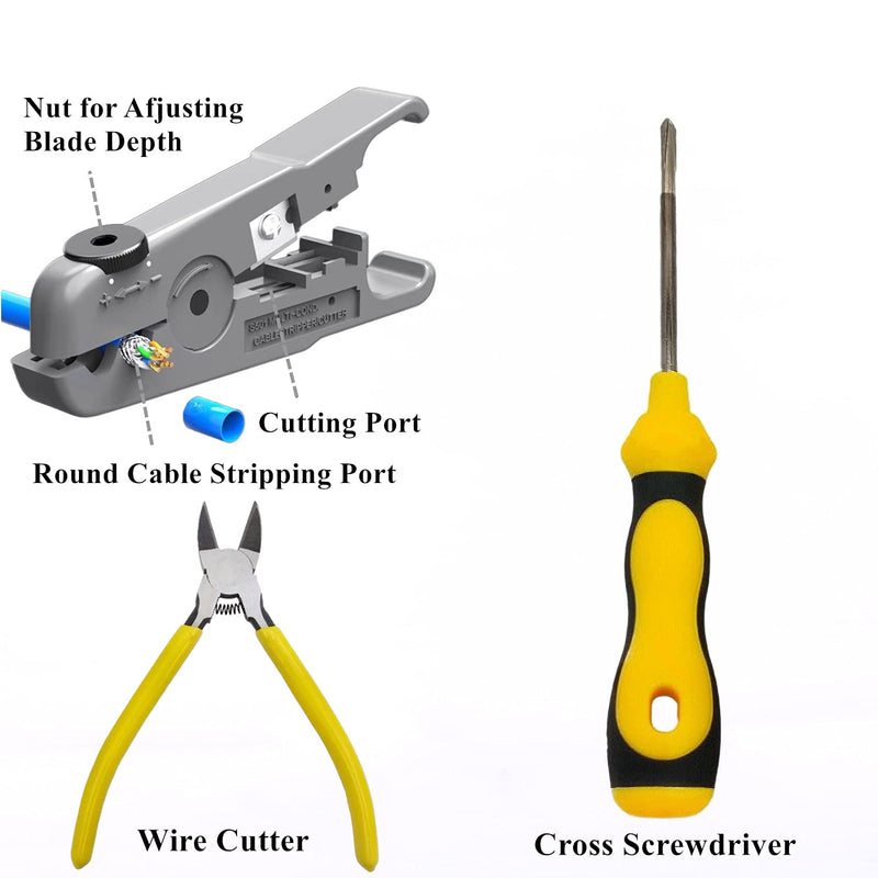 Gaobige rj45 Crimp Tool Kit, Pass Through Cat7 Cat6A Cat6 Cat5e Cat5 rj45 Crimping Tool with 10PCS Cat7 Shielded Connectors 10PCS Covers 20PCS Cat6 Pass Through Connectors 20PCS Covers Network Tester HT-7018