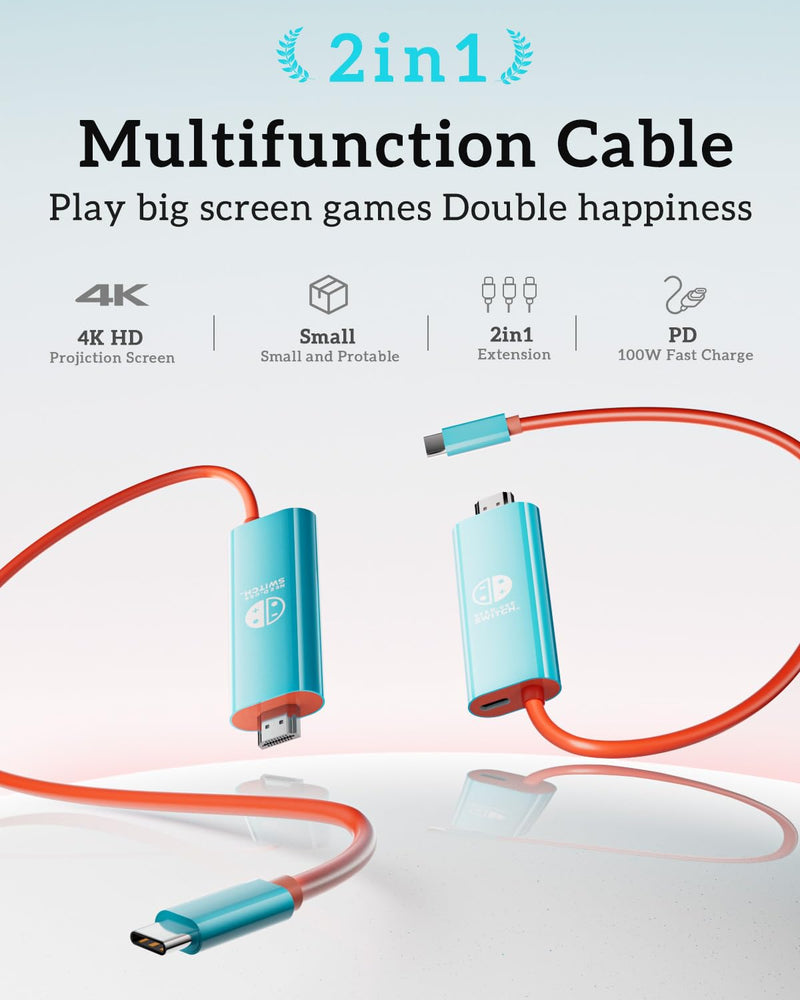 TV Dock HDMI Cable for Switch 2, USB-C to HDMI 2.0 Docking Station Replacement for Nintend0 Switch 2/Switch/OLED, Portable 4K 60Hz Travel Adapter Cord with 100W PD Charging While Playing
