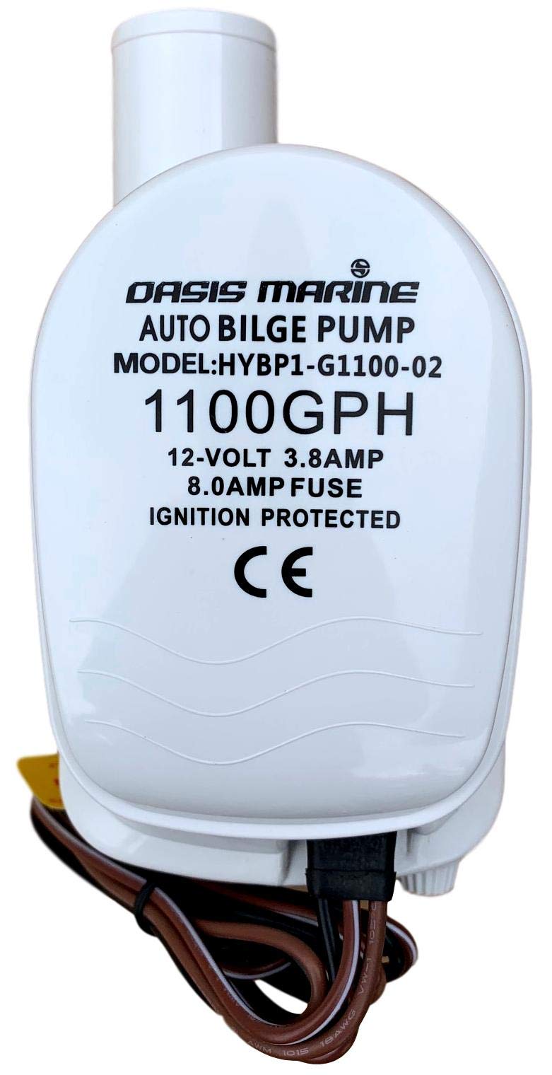 OASIS MARINE Automatic Bilge Pump with Built-in Float Switch 1100 GPH 12V Water Removal Pump, Stainless Steel Shaft, Snap-Lock Strainer Base, Quiet Operation, 1-1/8" Hose Outlet
