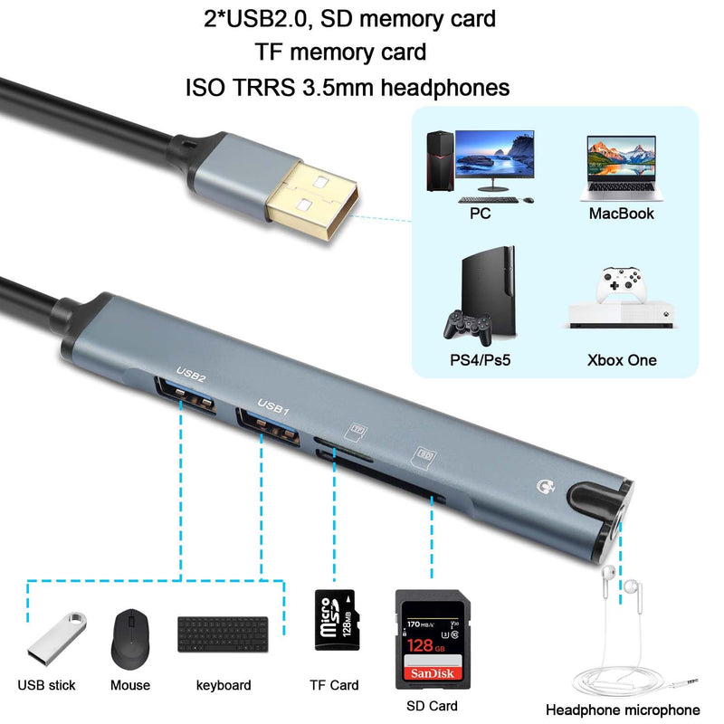 QIANRENON 5 in 1 USB Docking Station Hub USB 2.0 to USB 2.0 TRRS 3.5mm Audio TF/SD Card Reader Multi Function Port Replicator Adapter, for Laptop TF/SD Memory Card ISO 4 Pole Headphone