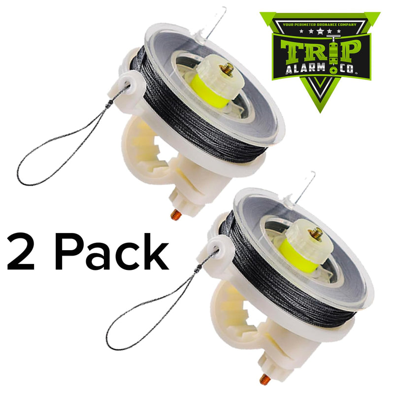 Trip Wire Reel and Trip Alarm Bundle Set - 12 Gauge Quad 3.0-85 ft Kevlar Reusable 50 lb Reels - Perimeter Defense Device 360° Coverage Warning Security for Camping Safety 2 Pack Reel Olive Drab