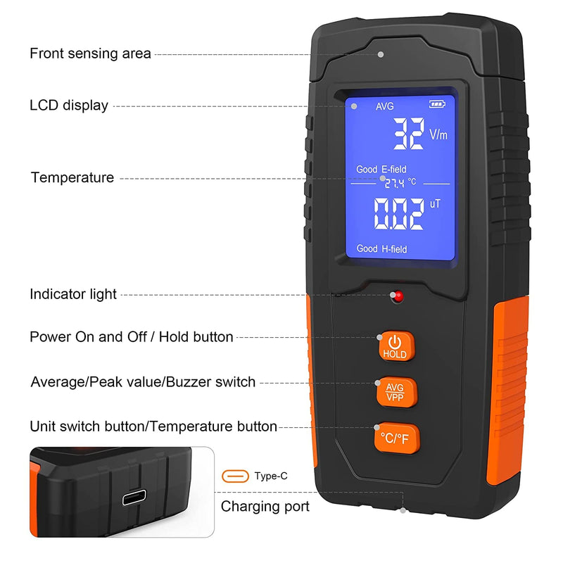 EMF Meter Rechargeable Electromagnetic Field Radiation Detector Handheld Digital LCD EMF Reader Temperature Measurement Tester for Home Inspections Outdoor Ghost Hunting