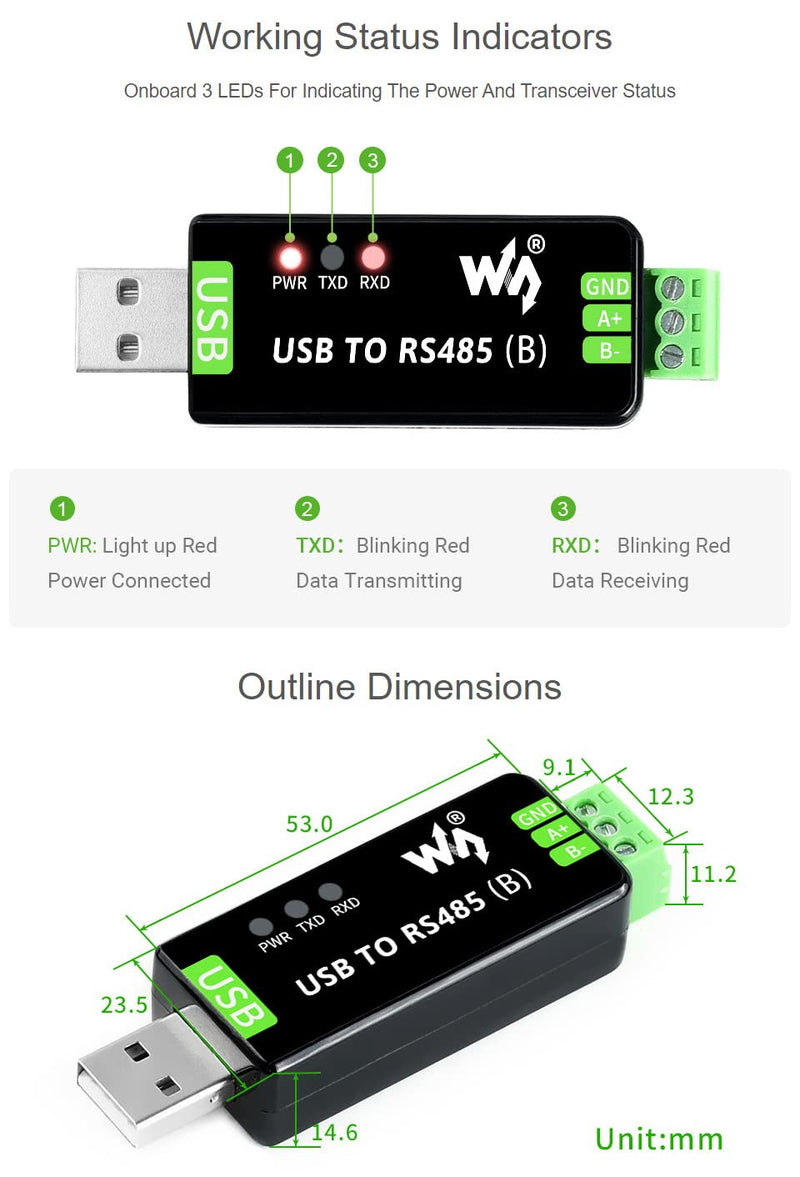 2PCS Waveshare Industrial USB to RS485 Bidirectional Converter Onboard Original CH343G Multi-Protection Circuits