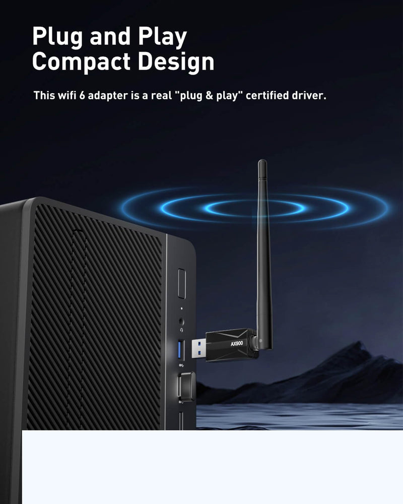 USB WiFi Adapter for Desktop PC - AX900 Wi-Fi 6 Dual Band 5G 2.4G Wireless Adapter with 7DBi Antenna for Win11/10 WiFi Dongle for Desktop PC Laptop Gaming Wireless USB Internet Network Card (Black)