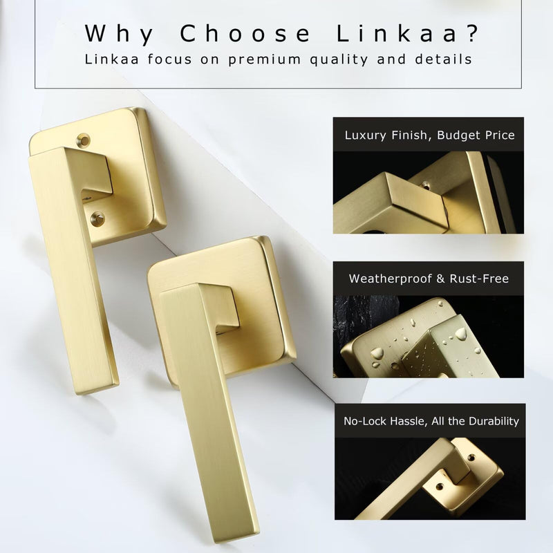Linkaa Passage Door Handles Brushed Gold Door Lever Satin Brass for Hall or Closet, Keyless Door Knob, Square Interior Door Handle Heavy Duty Zinc Alloy (1, Passage (No Lock)，Brass Gold) Passage(no lock) 1
