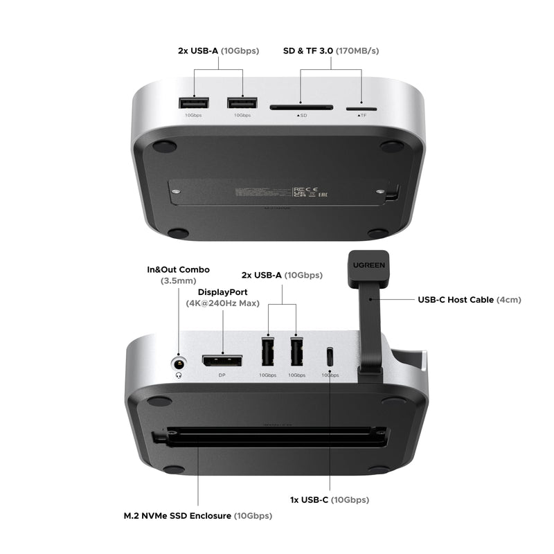 UGREEN Mac mini M4 Dock and Stand DP Hub for Mac mini M4 and M4 Pro 2024 with M.2 NVMe SSD Enclosure, 4K144Hz DP,10G USB A/C, SD/TF, Audio