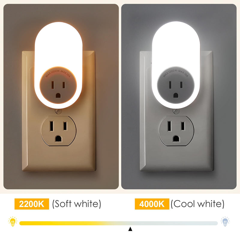 Dawnrise Night Lights Plug Into Wall,Dusk to Dawn Sensor Night Light with Power Outlet,CCT 2200K/4000K,5/20LM Adjustable Brightness for Bedroom,Kitchen,Living Room,Office (4 PK) 4 PK