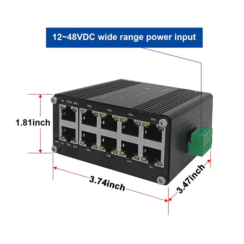 Hardened Industrial Gigabit Compact Ethernet Switch 10-Port 10/100/1000BASE-T RJ45 with auto-MDI/MDI-X Function 10/100Mbps Half/Full Duplex and 1000Mbps Full Duplex 12~48VDC Wide Range Power Input LNK-IMC010G