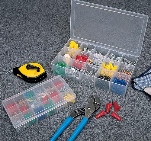 Akro-Mils 96352A Plastic Portable Parts Storage Box Bundle, Hardware and Crafts Organization Boxes with Hinged Lid and 5 Fixed Dividers, 8-Inch x 4-5/8-Inch x 1-1/2-Inch, 12-Pack, Clear