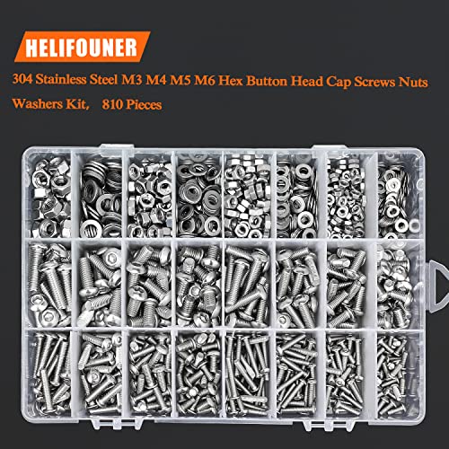 HELIFOUNER 810 Pieces M3 M4 M5 M6 304 Stainless Steel Button Head Socket Cap Metric Screws Bolts, Flat Washers and Nuts Assortment Kit with Hex Wrenches M3 M4 M5 M6 (810 Pieces) Button Head Screws