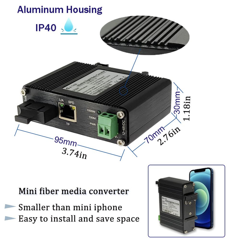 Mini Industrial Gigabit Media Converter Hardened 10/100/1000Mbps RJ45 Ethernet Optical Transceiver with 100/1000Base-FX SC Port Auto Detection Up to 20km Over Single Mode Fiber 12~48V DC SC Media Converter Single Mode 20Km