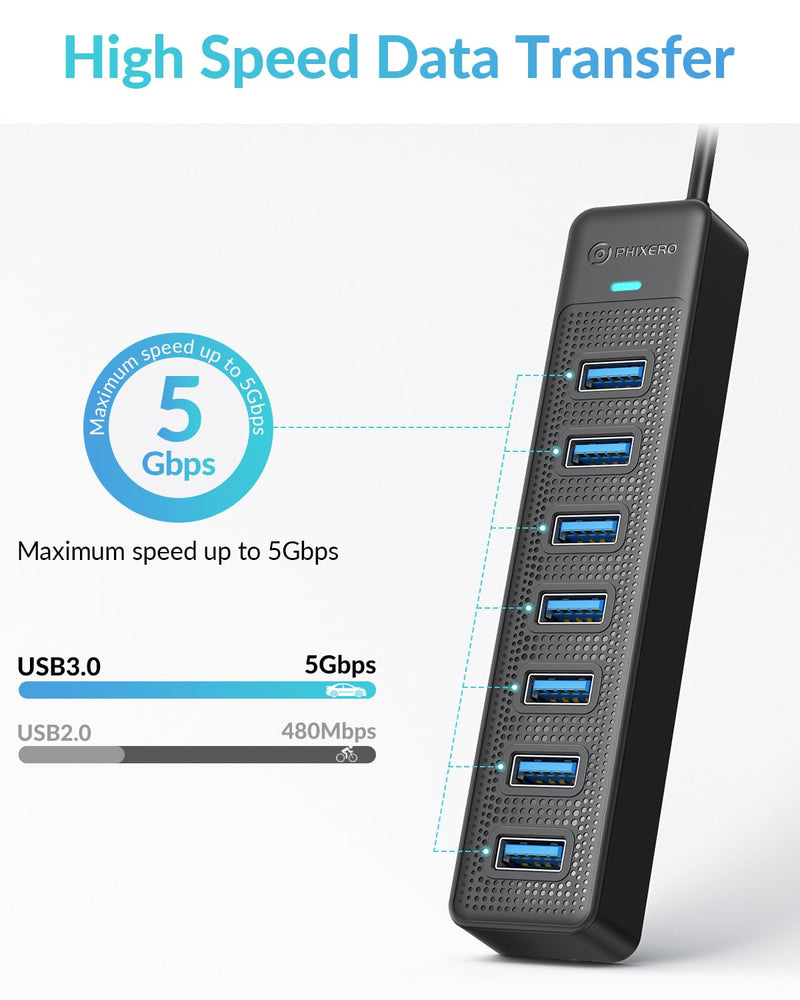 PHIXERO 7 Port USB Hub, 3.3FT/1M Long Cable USB 3.0 Hub Multi USB Port Hub Adapter Extension USB Splitter USB Hub for PC, Compatible with All USB 3.0/2.0/1.1 Device 1m Cable