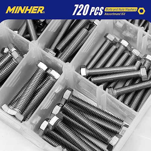 MINHER 720PCS M4 M5 M6 Bolts and Nuts Assortment Kit 304 Stainless Steel(18-8) Hex Screws Nuts & Washers, Includes 15 regular sizes M4, M5, M6 (720PCS)