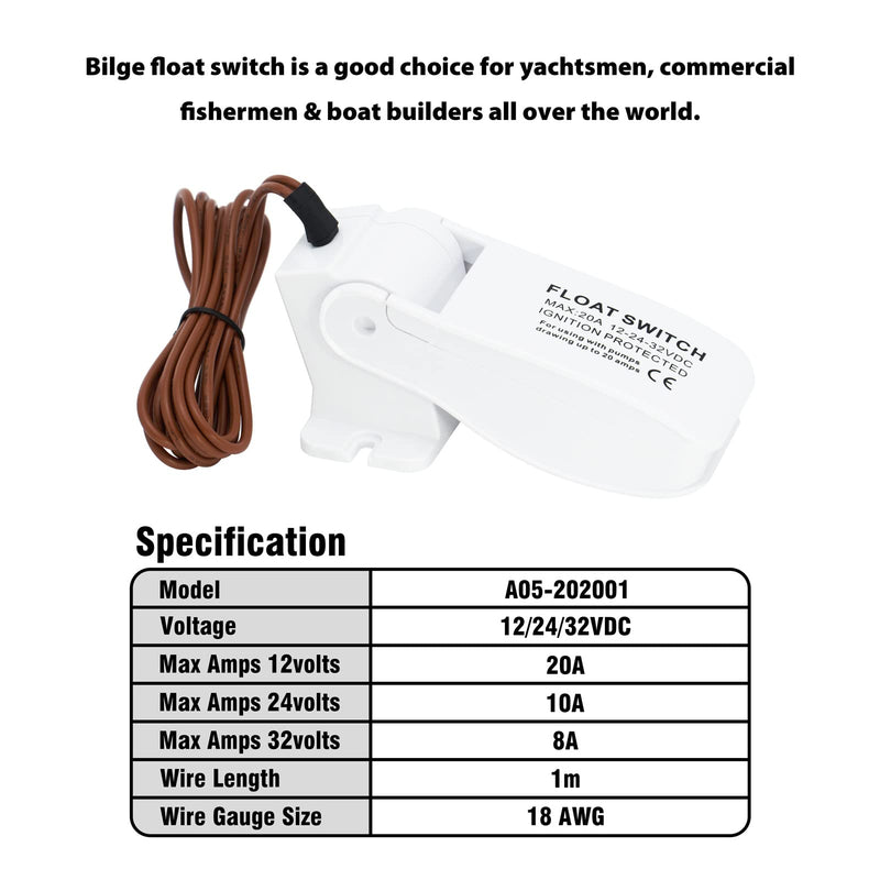 Sanuke Boating Bilge Pumps Switch, DC 12V 24V 32V Float Switch, White | Automatic Marine Water Pump Switch, Portable Bilge Accessories for Boats, Pools, RVs, Reliable, Durable, Easy to Install