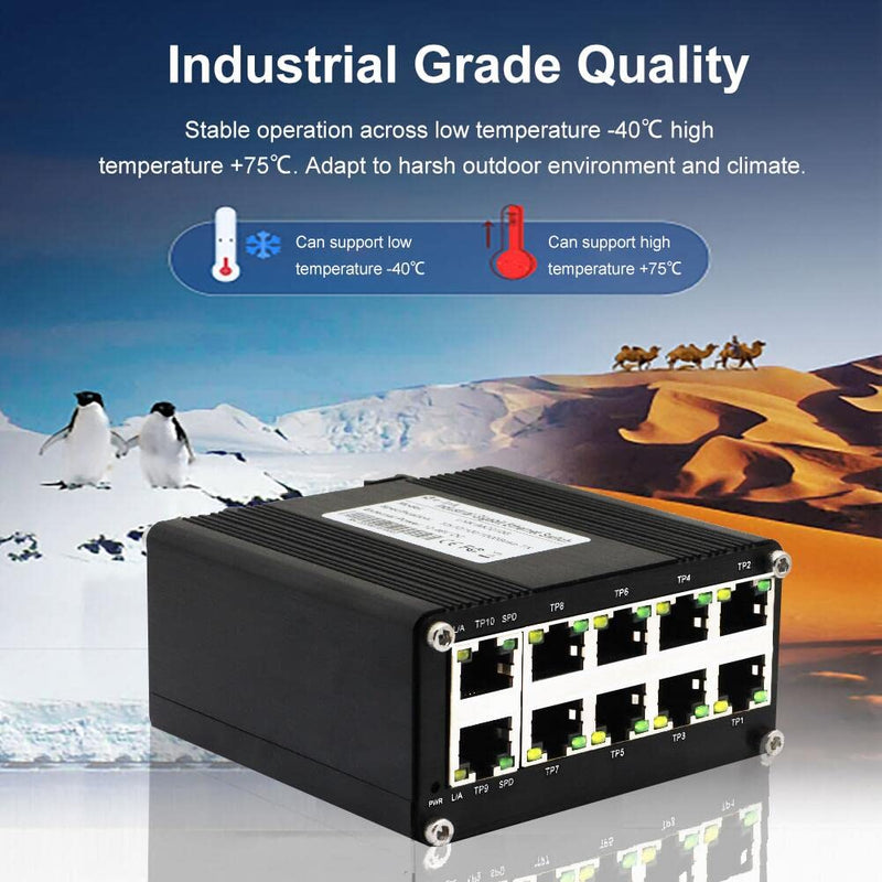 Mini Industrial Switch 10 Ports Gigabit Switch Hardened 10 Port RJ45 10/100/1000Mbps Ethernet Switch Din Rail Mount Outdoor Ethernet Switch, Unmanaged Network Switch (-40 to 176°F) with 12-48V DC 10 RJ45 Switch
