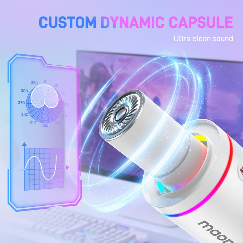 MAONO XLR/USB Dynamic Microphone, RGB Gaming Mic with Software, Mute, Gain Knob, Volume Control and Headphone Jack for Streaming, Podcasting, Recording-PD200X (White) White