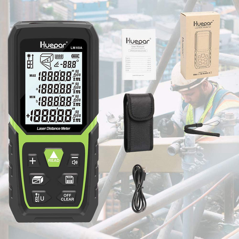 Digital Laser Tape Measure 4-in-1, HUEPAR ±1/16" Laser Measure with Dual HD Display, 200Ft Rechargeable Laser Measurement&33Ft Green Cross Line Laser&10Ft Tape, for Area/Volume/Pythagorean/Leveling LM50A