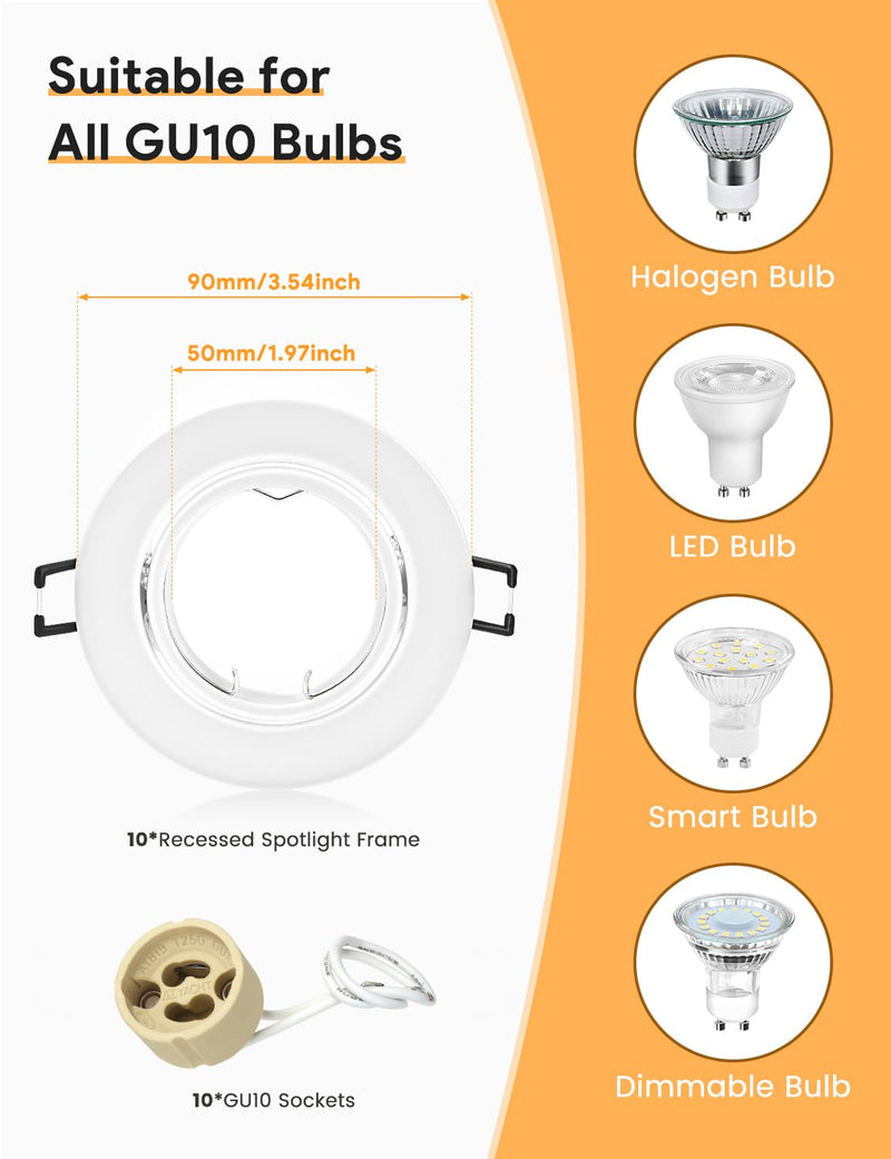 LED recessed spotlight GU10 set, (incl. GU10 socket), LED spots 230V, hole diameter 68mm, installation frame in round, white matt, 30° swivel, recessed spots made of metal, for recessed lighting (10 pieces) white