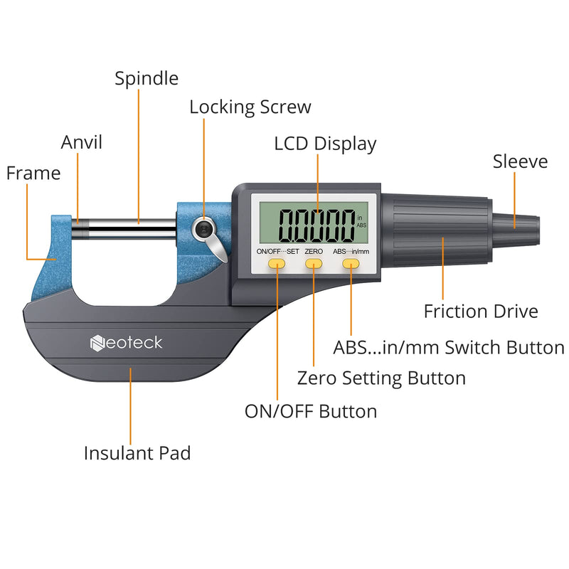 Neoteck Digital Micrometer Micro Caliper Outside Micrometer Electronic 0-25 mm with LCD Display Micrometer 0.001 mm / 0.00005 "