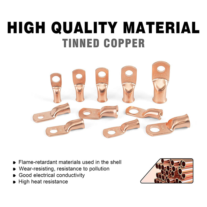 Sanuke 20pcs 2/0 AWG-3/8 Wire Connectors, Battery Copper Lugs Terminals | Heavy Duty Wiring Connectors for 00 Gauge Wires, 20pcs 3:1 Dual Wall Adhesive Heat Shrink Tubes(UL), Electrical Crimp Ends 2/0 Awg - 3/8" (M10) Bare Copper 20