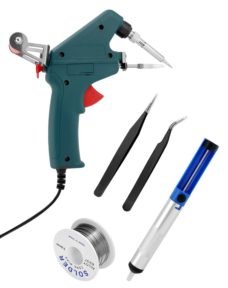 QWORK Soldering Iron Set - 60 W Soldering Gun with Soldering Wire, Desoldering Pump and 2 Tweezers, Quick Heating, Automatic Tin Supply