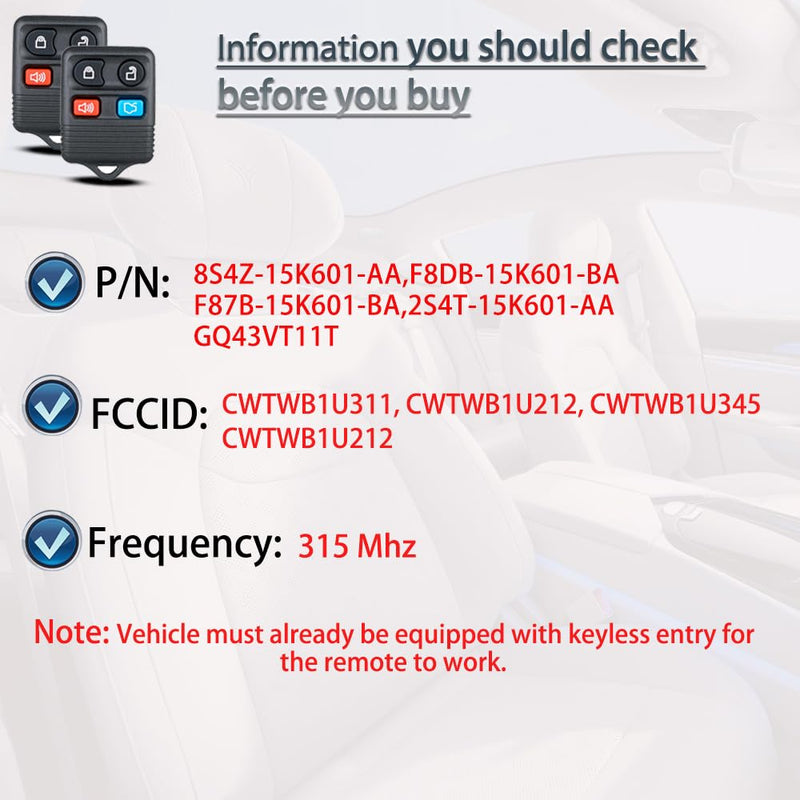 Key Fob Keyless Entry Fits for Ford Mustang Focus Explorer Sport Expedition Taurus Escape Edge Thunderbird Lincoln Town Car Mercury 1999-2014 Remote Control Replacement CWTWB1U311 8S4Z15K601A 4 Button