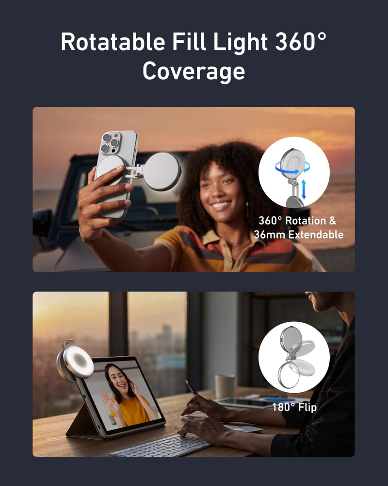 TELESIN C03 Magnetic Selfie Light, Phone Light Compatible with iPhone Magsafe, CRI97 360° LED Selfie Ring Fill Light with Mirror for Selfies/Photography/TikTok/Zoom Calls/Video Conference Silver