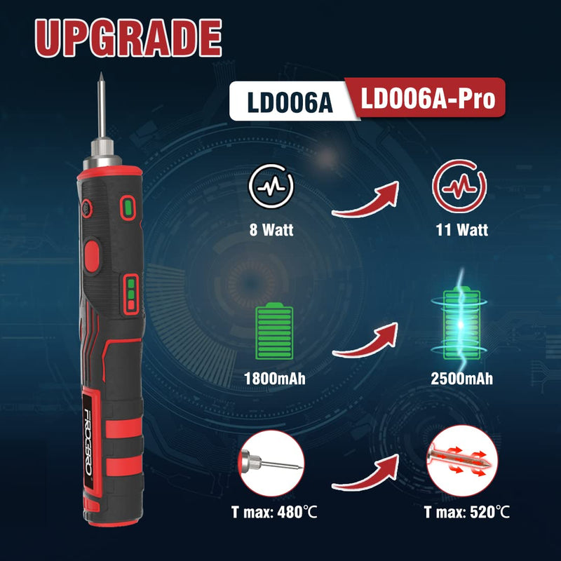 FrogBro Portable Battery Soldering Iron Improved 11Watt LD006A-Pro 2500mAh Max 520°C, High Capacity and Fast Heating, Professional Safe Wireless Soldering Kit, Suitable for Beginners and Professionals Improved Ld006a-pro