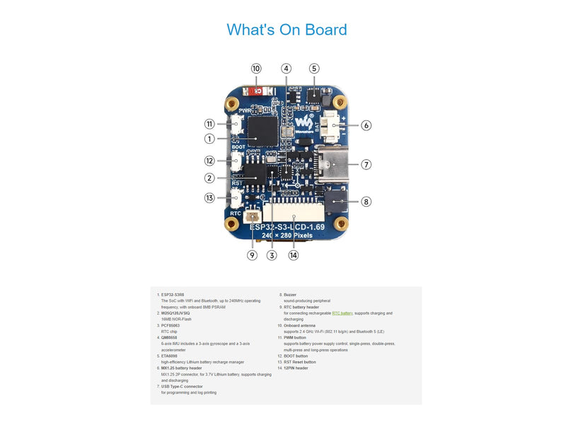waveshare ESP32-S3 1.69inch LCD Display Development Board,240×280 Pixels 262K Color Micro LCD Display with ESP32-S3,Accelerometer and Gyroscope Sensor